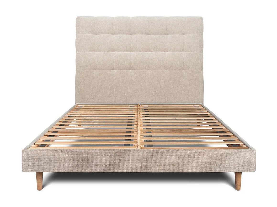 Lit 150x200cm avec tête de lit capitonnée tissu et sommier kit beige brun - Hauteur totale : 29cm