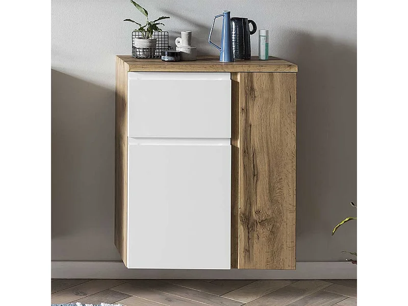 Moderner Bad Unterschrank in Wildeichefarben & Weiß Drehtüren