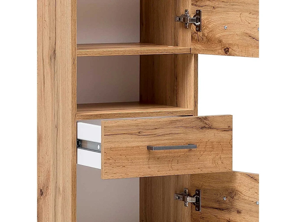 Bad Hochschrank in Eichefarben und Weiß 2 Türen 1 Schublade