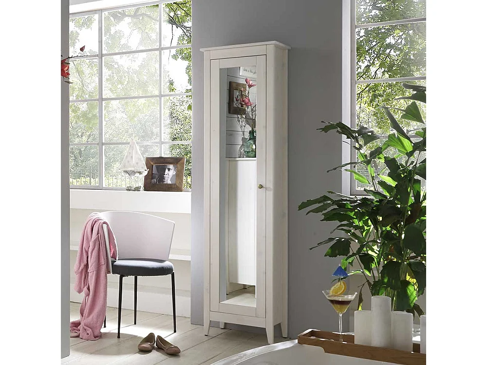 Badezimmer Hochschrank in Weiß lasiert Kiefer massiv Spiegeltür