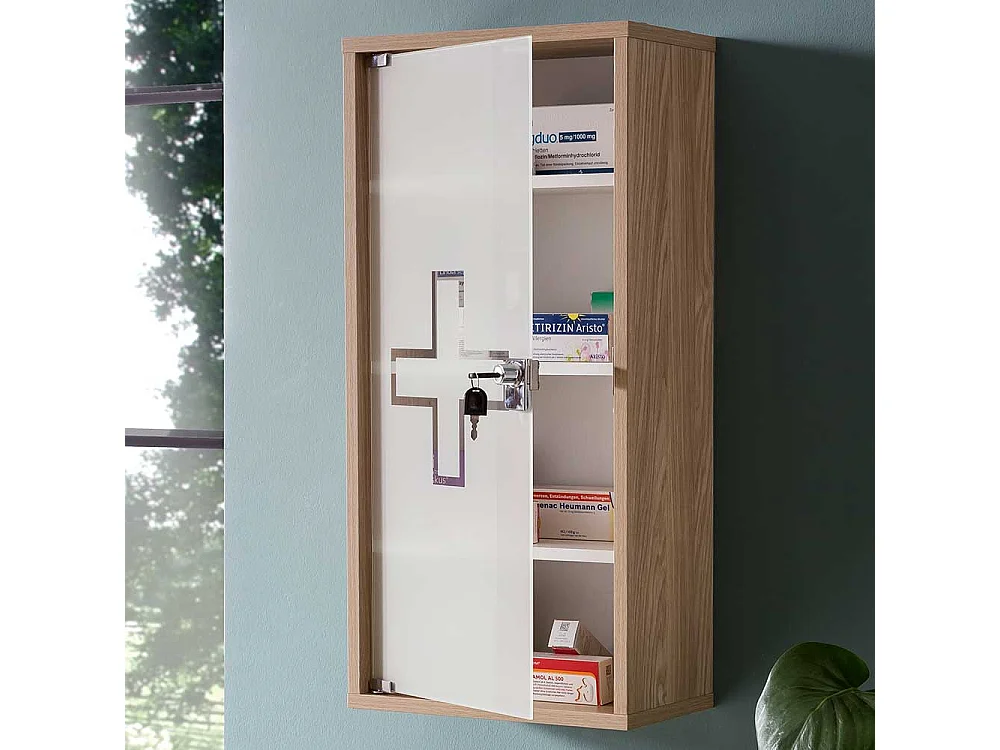 Glastür Medizinschrank in Eiche hell die Wandmontage