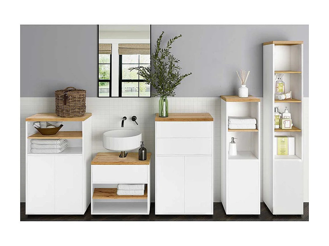 Badseitenschrank Badschrank in Weiß und Wildeichefarben