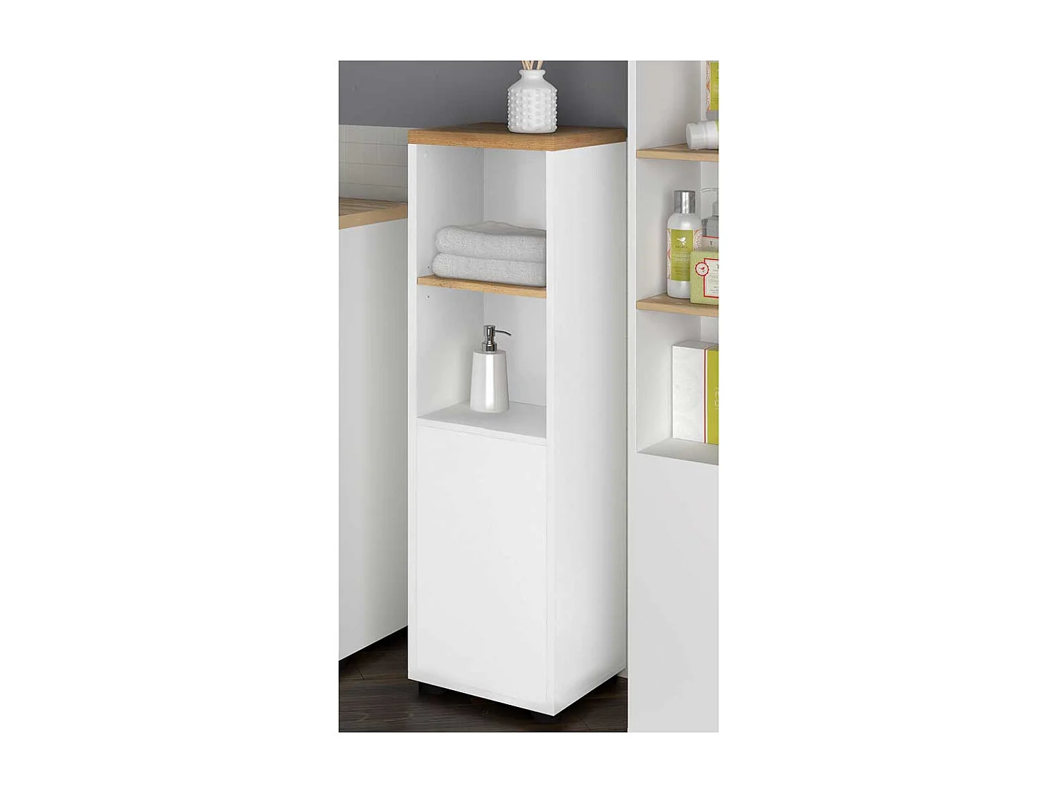 Badseitenschrank Badschrank in Weiß und Wildeichefarben