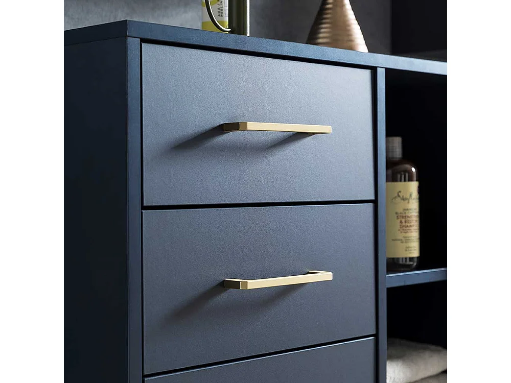 Hohe Badezimmerkommode in Dunkelblau und Goldfarben 68 cm breit