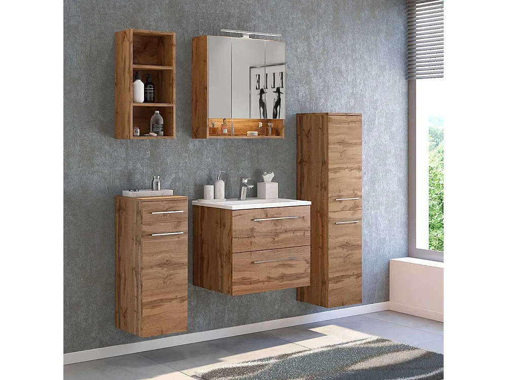 Badezimmer Hochschrank in Wildeiche Optik 130 cm hoch