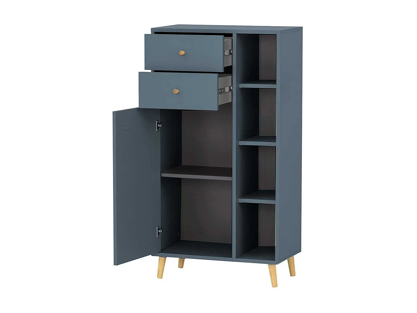 Hohe Badezimmerkommode im Skandi Design Petrol und Eiche