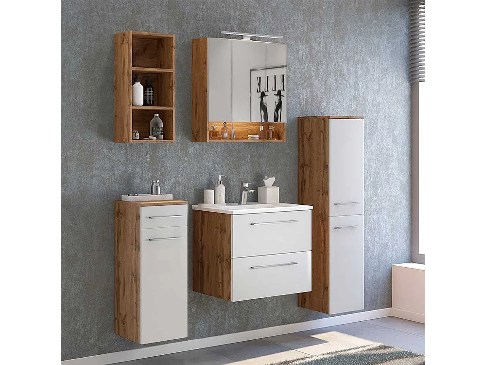 Hochschrank für Badezimmer Weiß und Wildeiche Optik