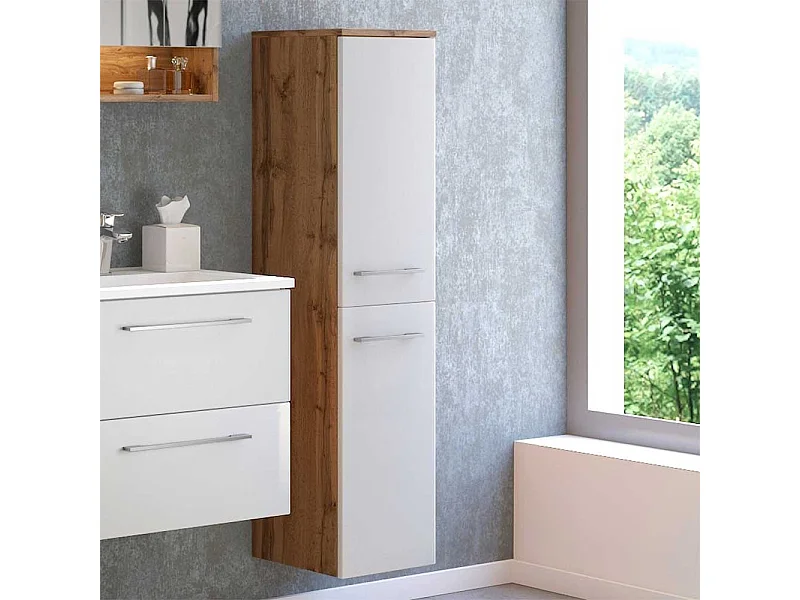 Hochschrank für Badezimmer Weiß und Wildeiche Optik