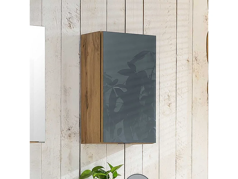 Badezimmer Hängeschrank in Grau und Wildeiche Optik Glas beschichtet