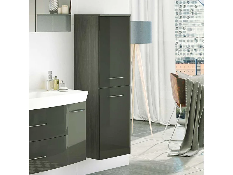 Badezimmer Hochschrank in Dunkelgrau Hochglanz hängend