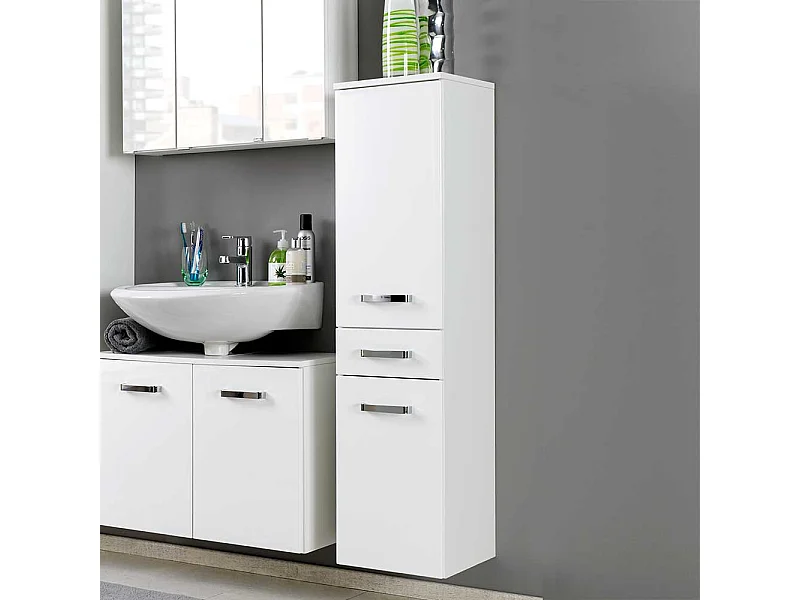 Bad Hochschrank in Weiß Hochglanz Wandmontage