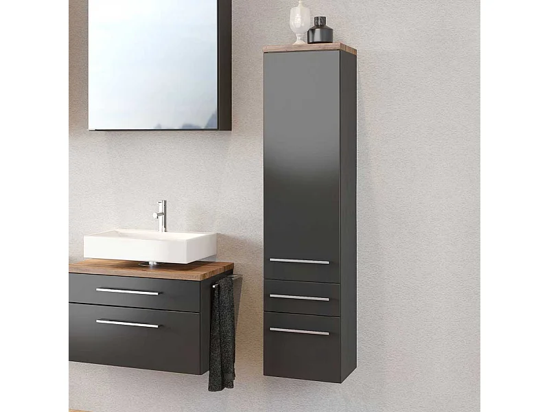 Hängender Hochschrank in dunkel Grau und Wildeiche Dekor Badezimmer