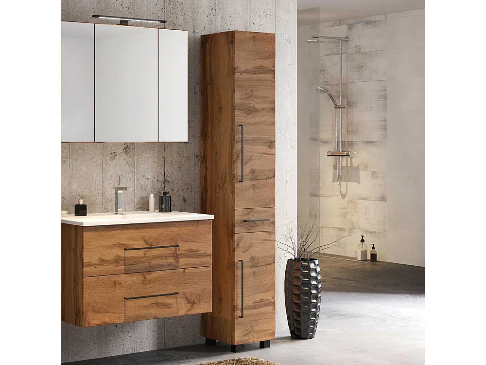 Bad Hochschrank in Wildeichefarben Stand- und Wandmontage