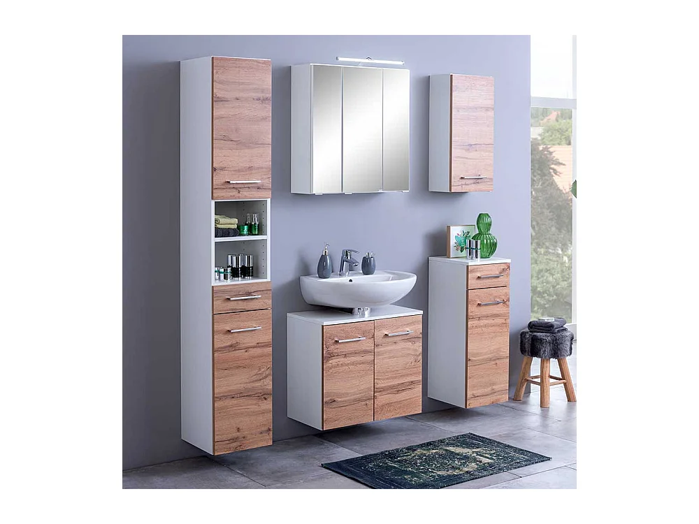 Badezimmer Hängeschrank in Wildeiche Optik und Weiß Made in Germany