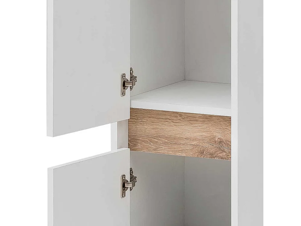 Badezimmer Hochschrank in Weiß und Wildeiche Optik Skandi Design