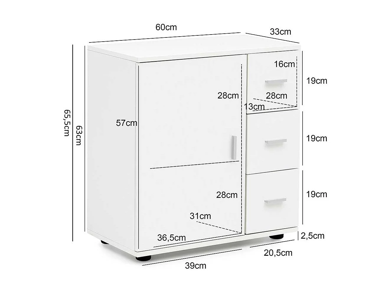 Beistellschrank Bad weiss mit drei Schubladen und Tür 60 cm breit