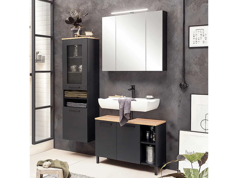 Badschrank mit Metallgriffen zwei offenen Fächern