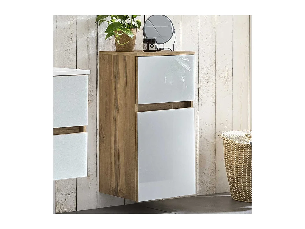 Badkommode in Weiß und Wildeiche Optik Glas beschichtet