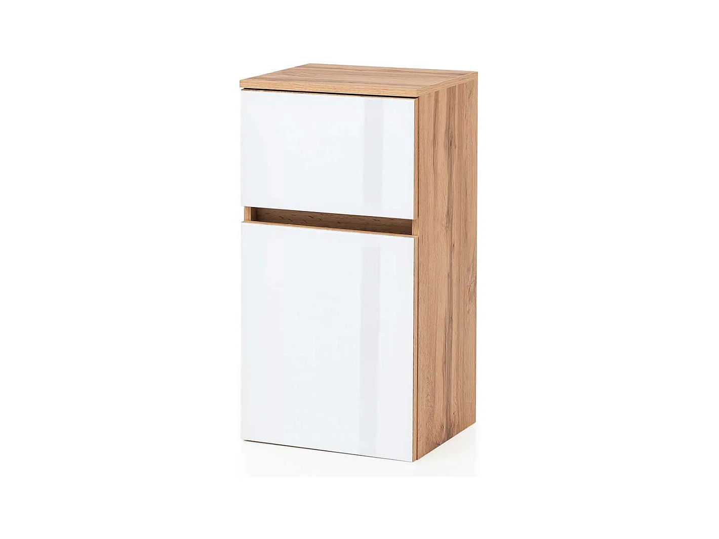 Badkommode in Weiß und Wildeiche Optik Glas beschichtet