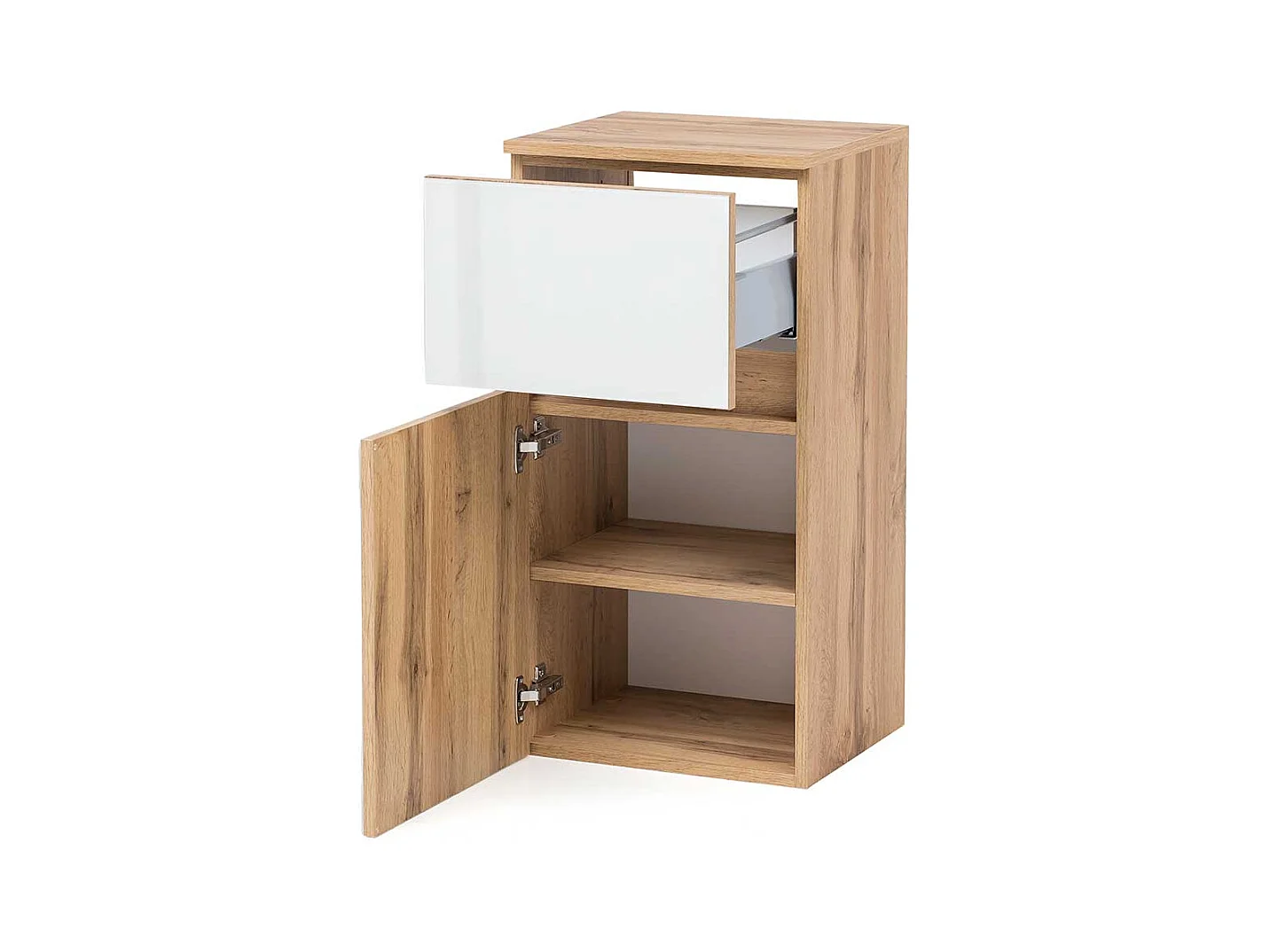 Badkommode in Weiß und Wildeiche Optik Glas beschichtet