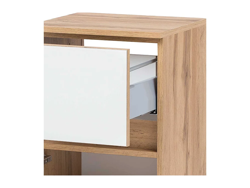 Badkommode in Weiß und Wildeiche Optik Glas beschichtet