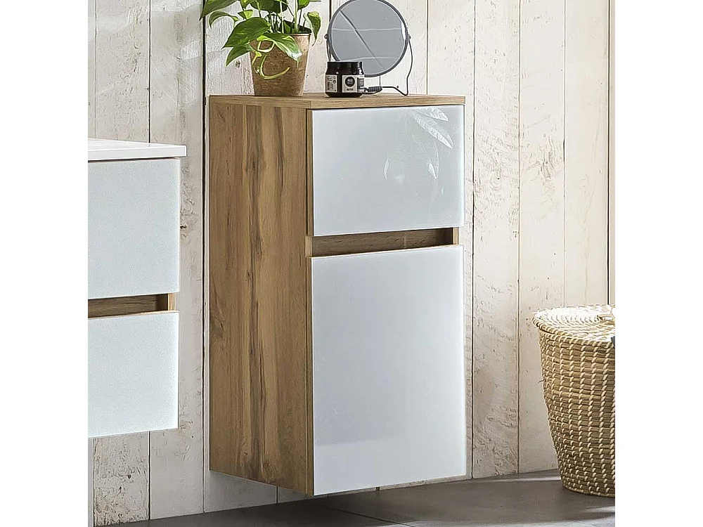 Badkommode in Weiß und Wildeiche Optik Glas beschichtet