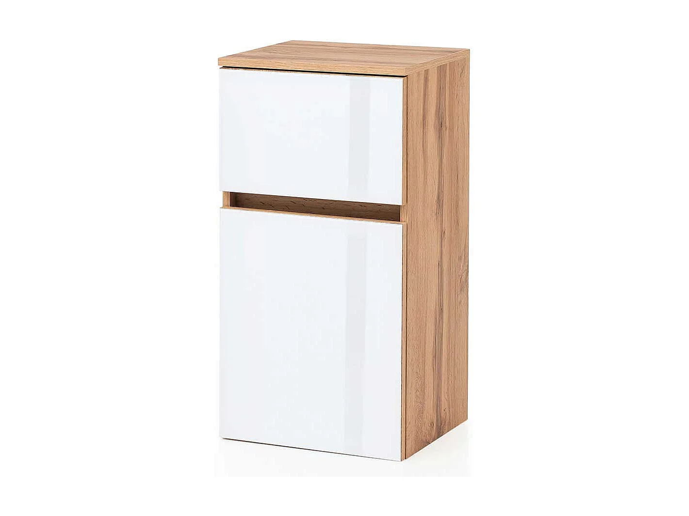 Badkommode in Weiß und Wildeiche Optik Glas beschichtet