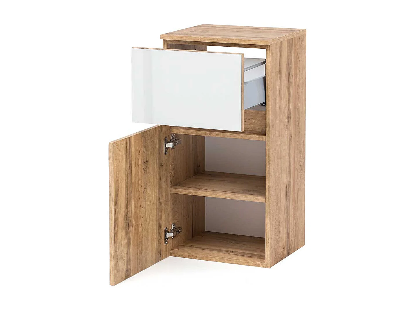 Badkommode in Weiß und Wildeiche Optik Glas beschichtet