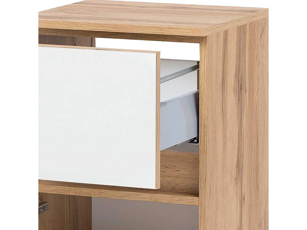 Badkommode in Weiß und Wildeiche Optik Glas beschichtet