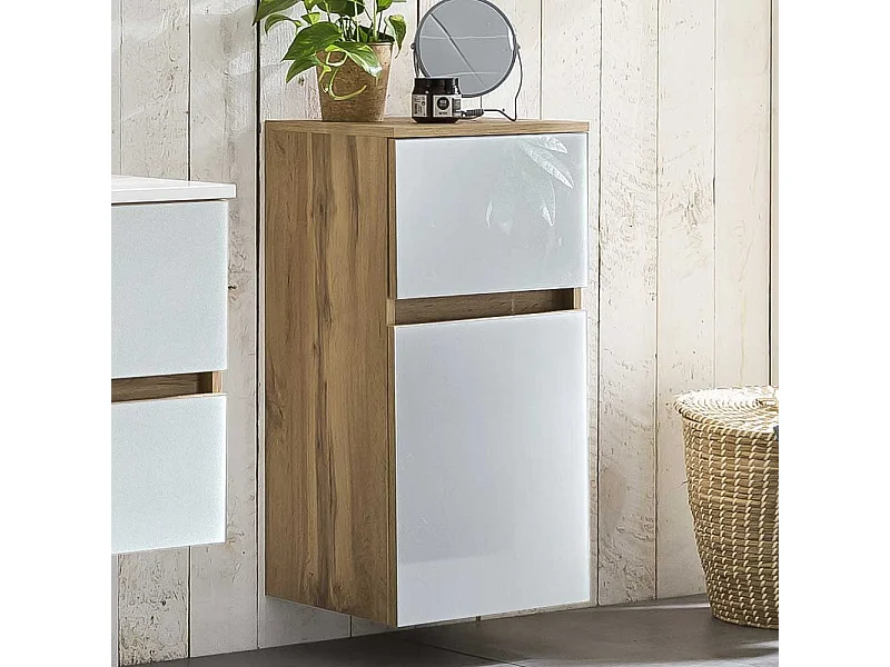 Badkommode in Weiß und Wildeiche Optik Glas beschichtet