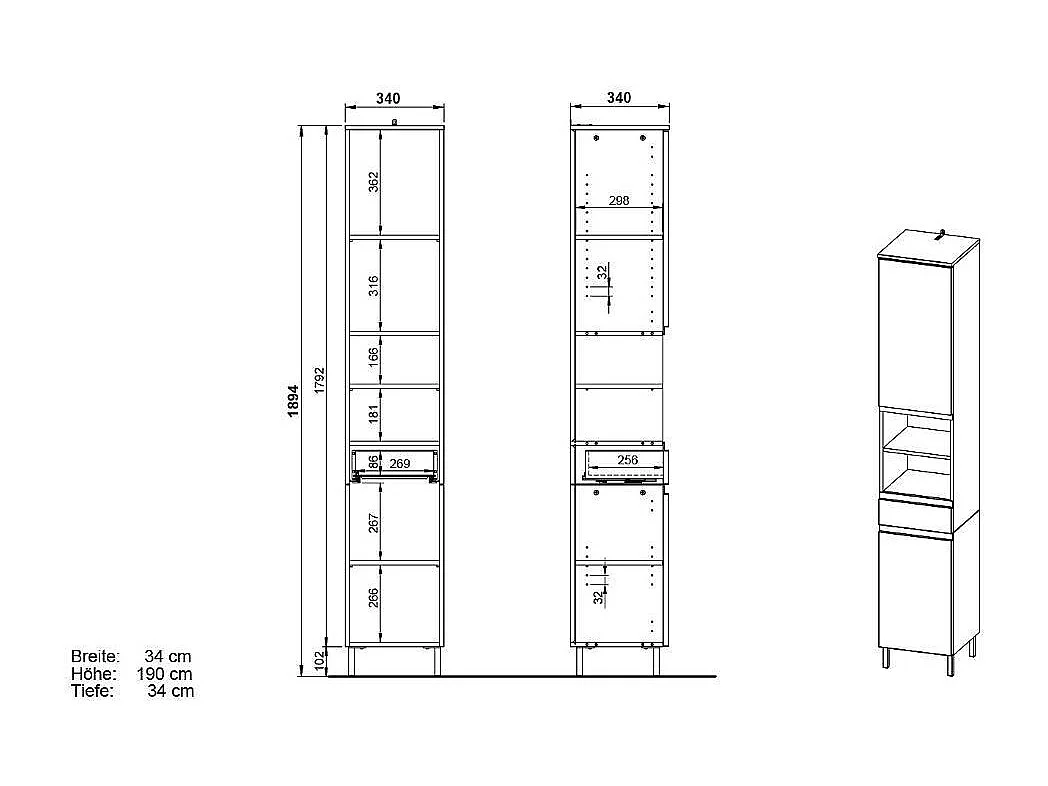 Badhochschrank Badezimmerschrank mit zwei offenen Fächern und einer Schublade