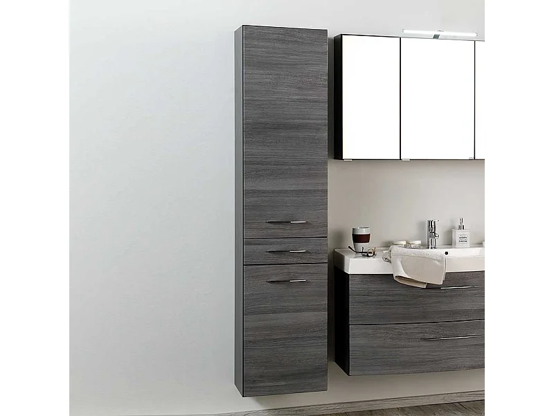 Bad Hochschrank in Eiche Grau hängend