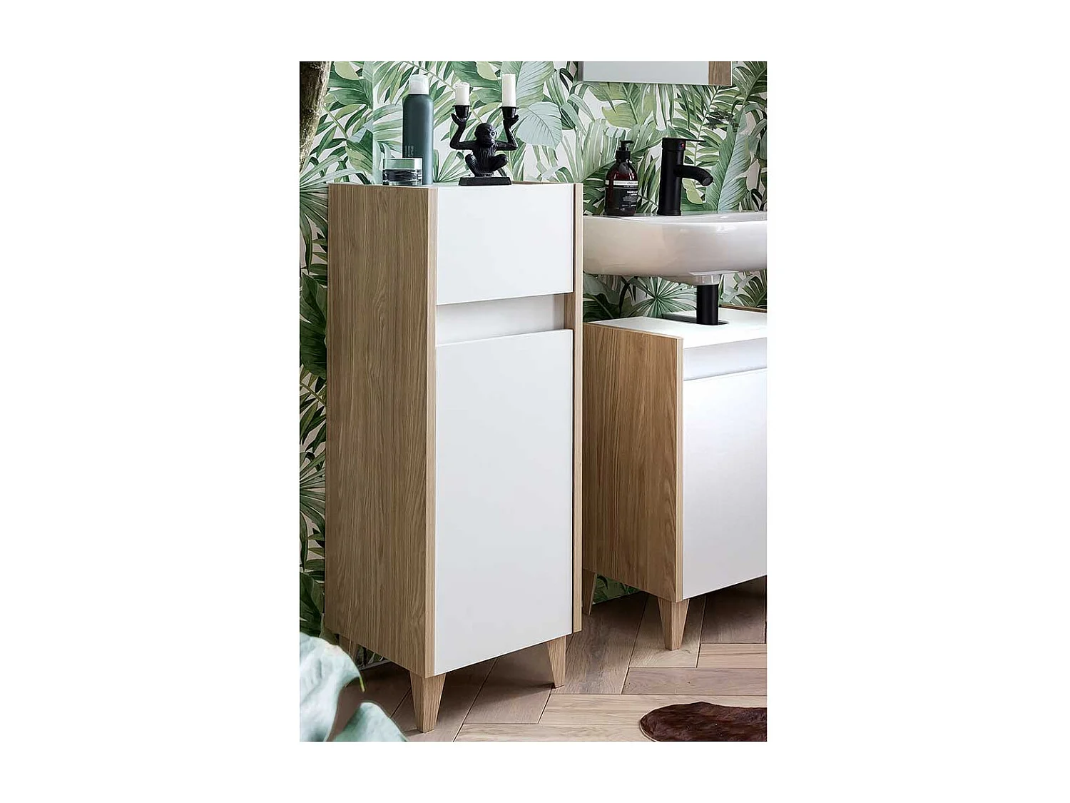 Badezimmer Unterschrank in Weiß und Eiche hell Schublade und Tür