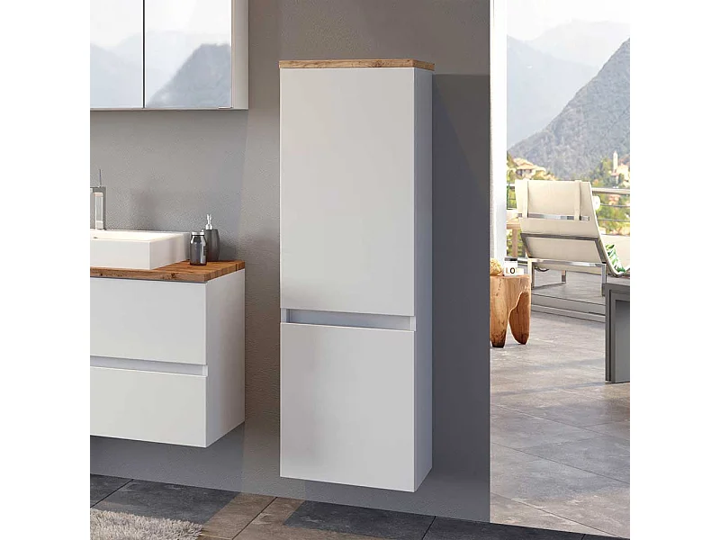 Design Bad Hochschrank in Weiß und Wildeiche Optik 40 cm breit
