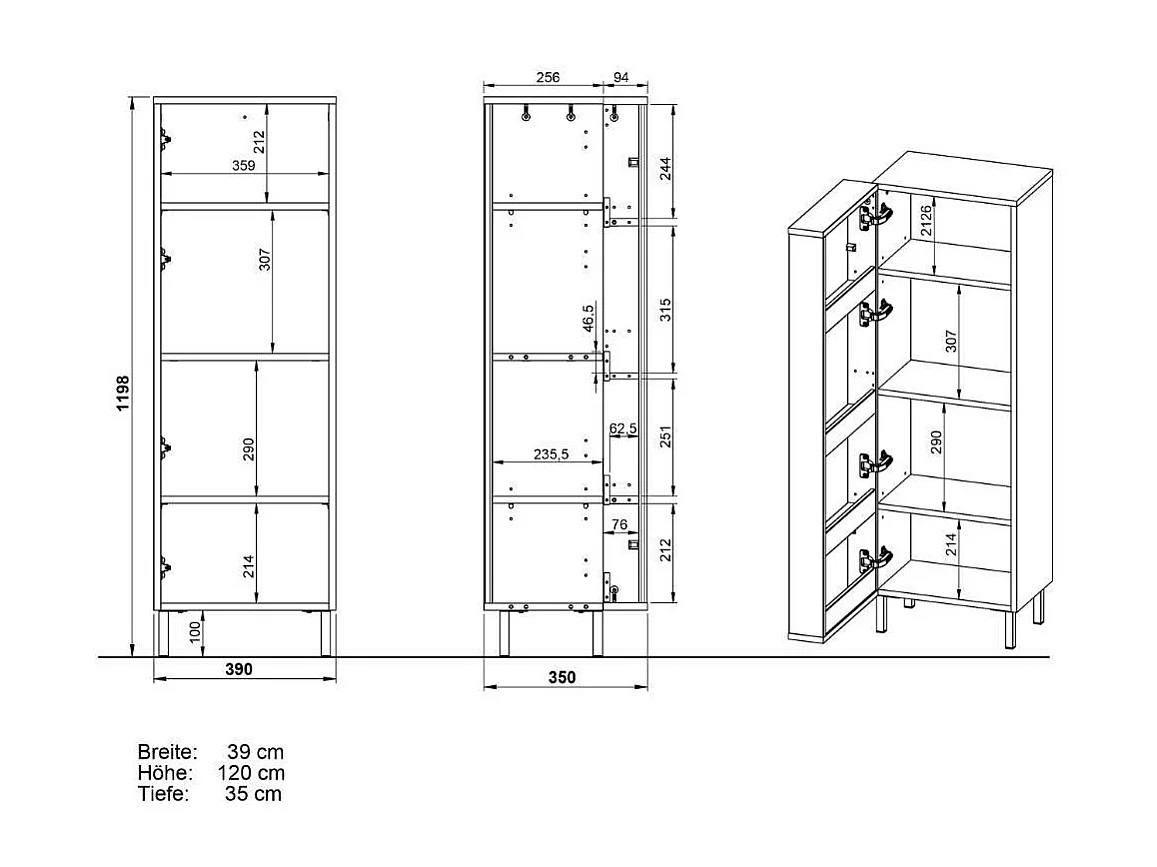 Hochschrank Badhochschrank 39 cm breit 120 cm hoch