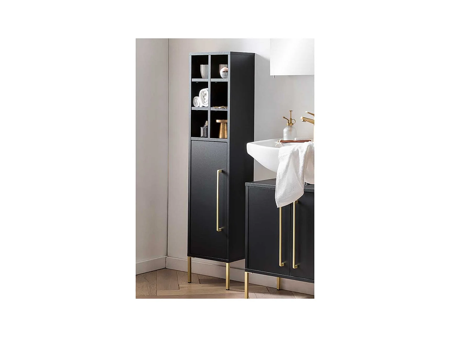 Badezimmerhochschrank in Schwarz und Goldfarben 22 cm tief