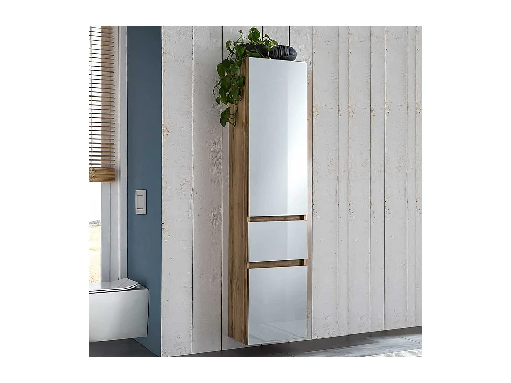 Badezimmer Hochschrank in Weiß und Wildeiche Optik 185 cm hoch