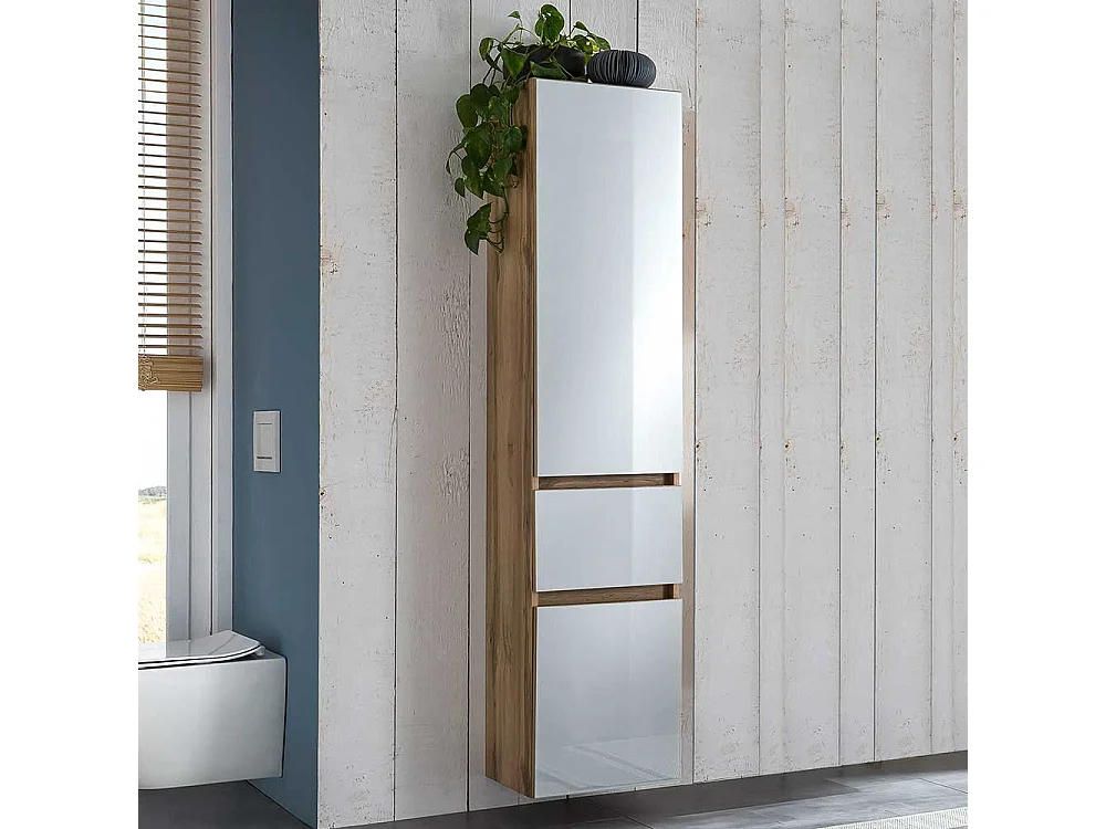 Badezimmer Hochschrank in Weiß und Wildeiche Optik 185 cm hoch
