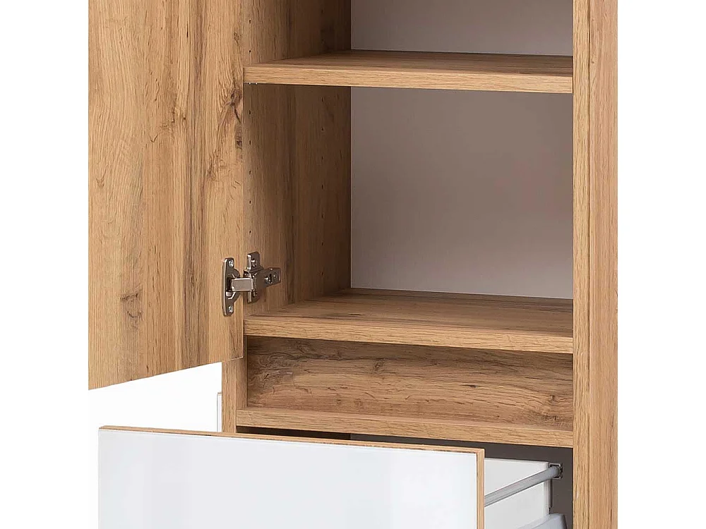 Badezimmer Hochschrank in Weiß und Wildeiche Optik 185 cm hoch