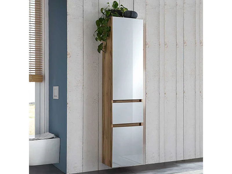 Badezimmer Hochschrank in Weiß und Wildeiche Optik 185 cm hoch