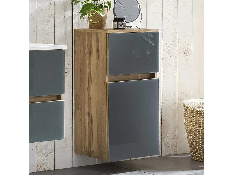 Badezimmerunterschrank in Grau und Wildeiche Optik Glas beschichtet