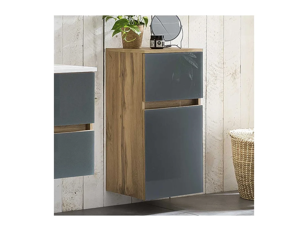 Badezimmerunterschrank in Grau und Wildeiche Optik Glas beschichtet