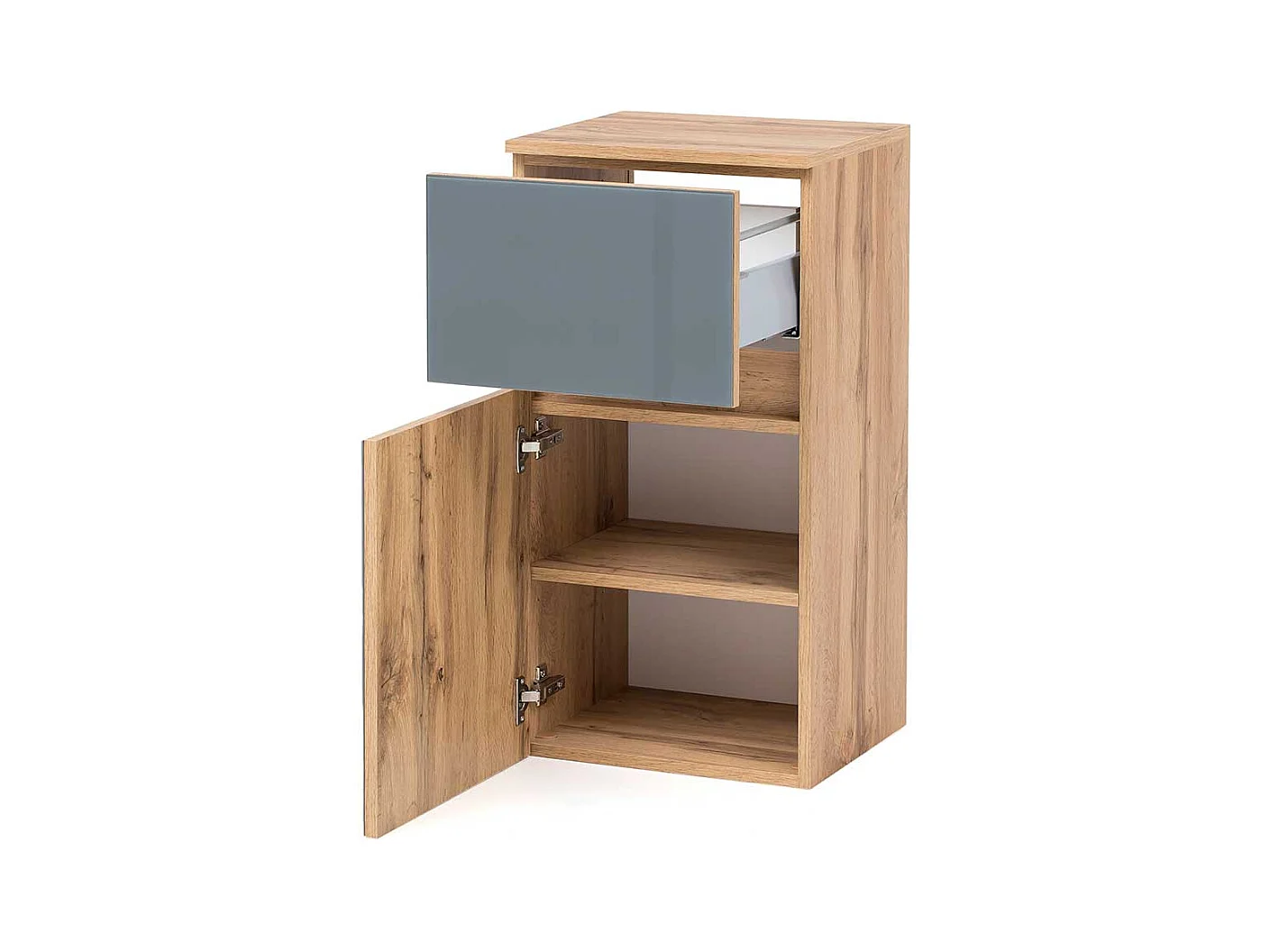 Badezimmerunterschrank in Grau und Wildeiche Optik Glas beschichtet