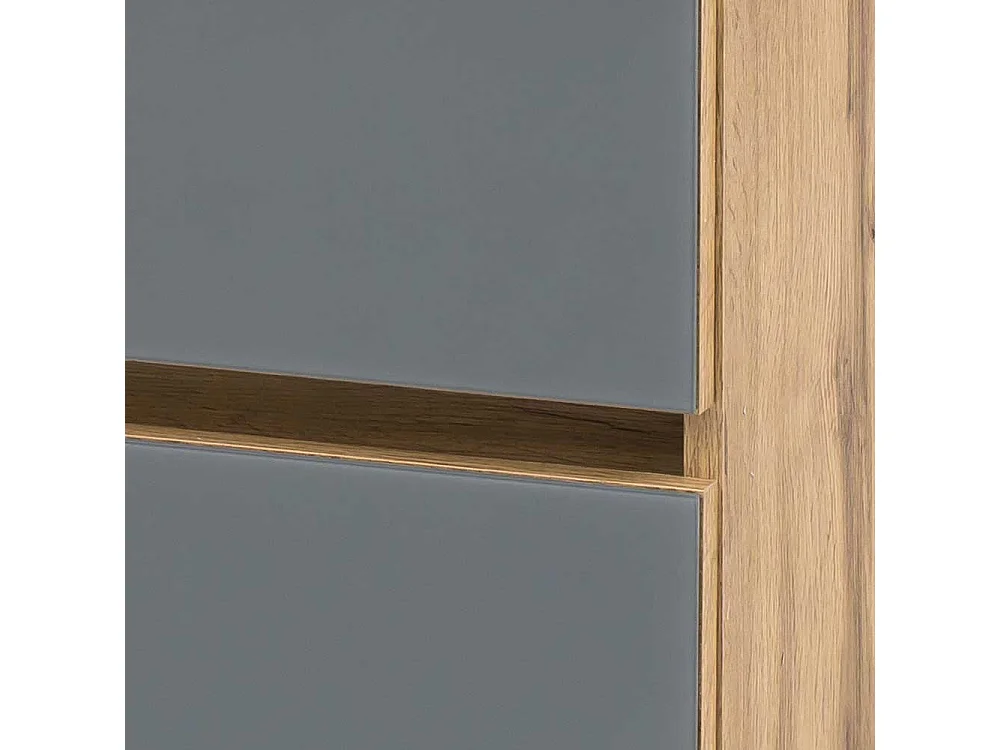 Badezimmerunterschrank in Grau und Wildeiche Optik Glas beschichtet