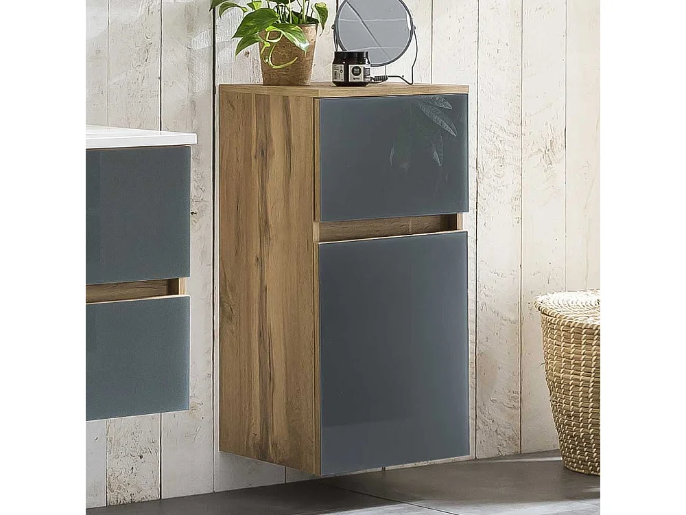 Badezimmerunterschrank in Grau und Wildeiche Optik Glas beschichtet