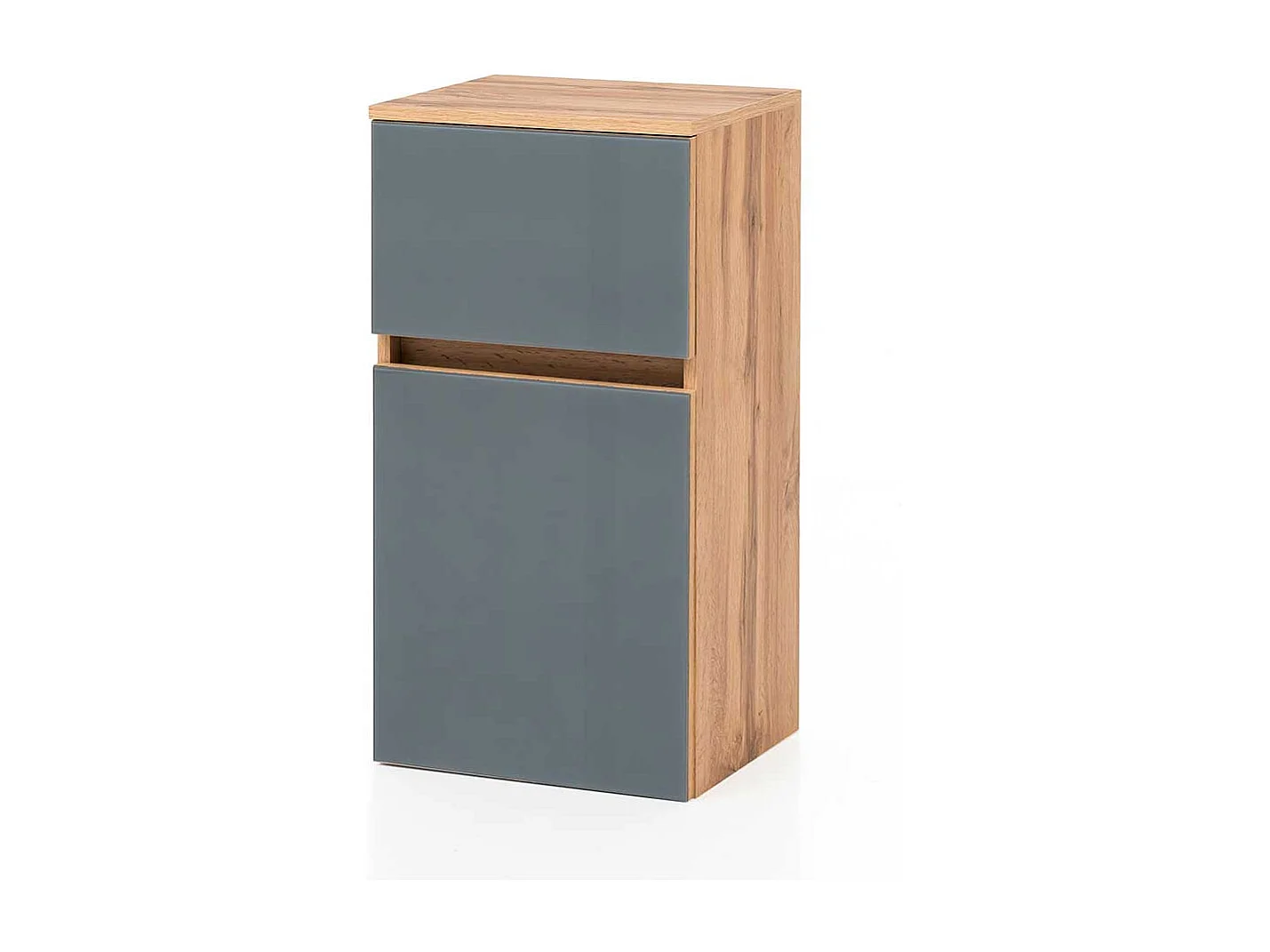 Badezimmerunterschrank in Grau und Wildeiche Optik Glas beschichtet