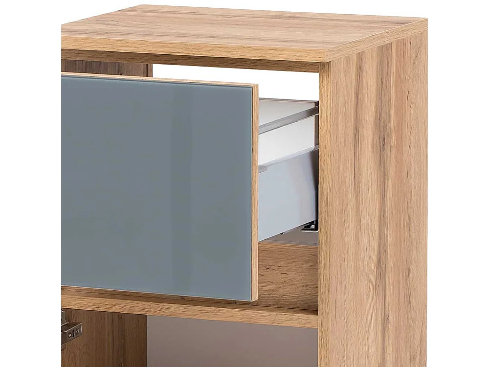 Badezimmerunterschrank in Grau und Wildeiche Optik Glas beschichtet
