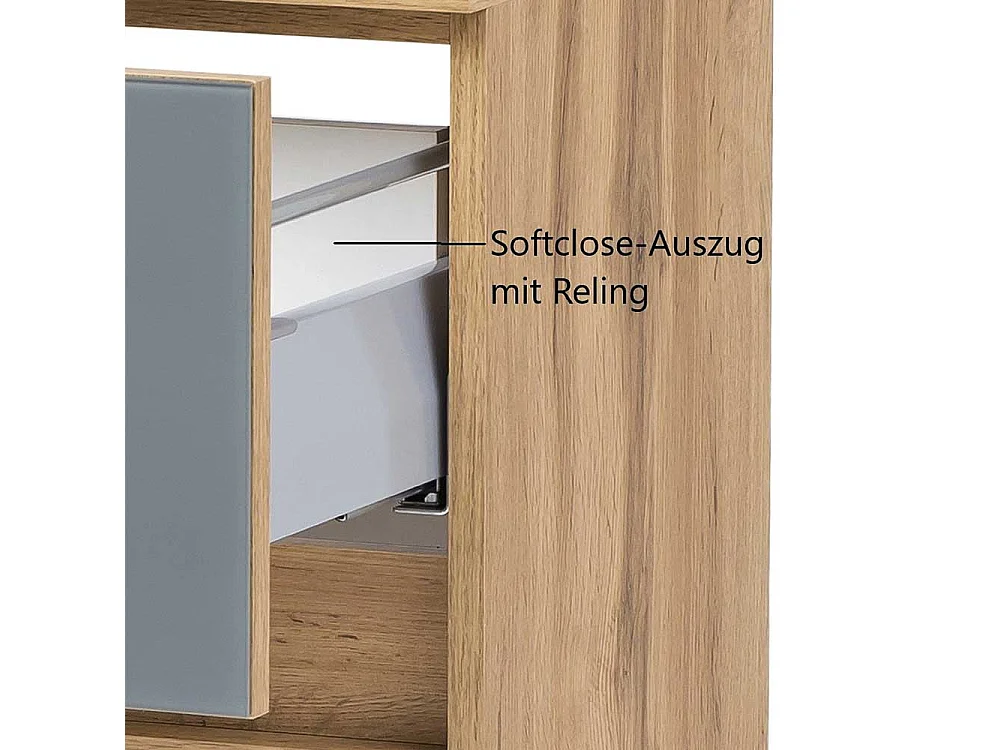 Badezimmerunterschrank in Grau und Wildeiche Optik Glas beschichtet