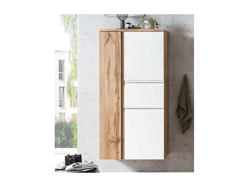 Midischrank in Wildeichefarben und Weiß Badmöbel