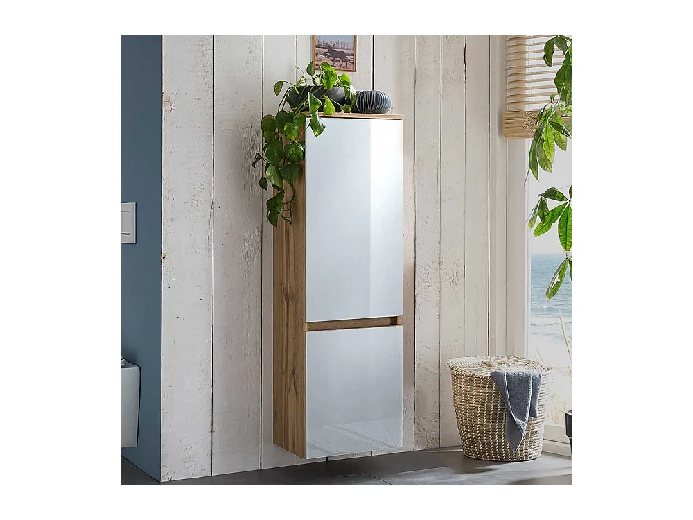 Bad Hochschrank in Weiß und Wildeiche Optik Glas beschichtet